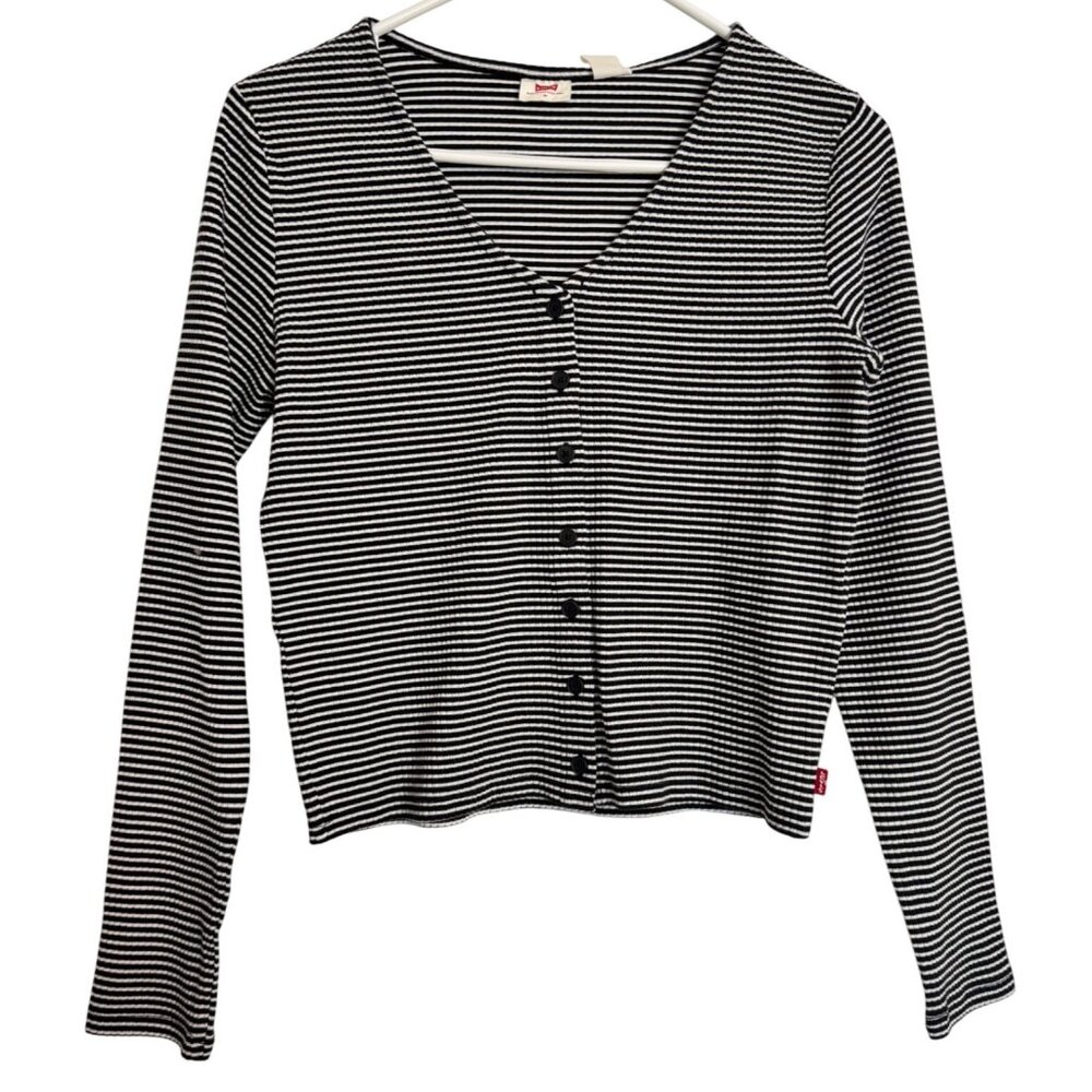 Levi Striped Button Up Slim Fit Size Medium Top NWT $35 V Neck Stretch Cropped